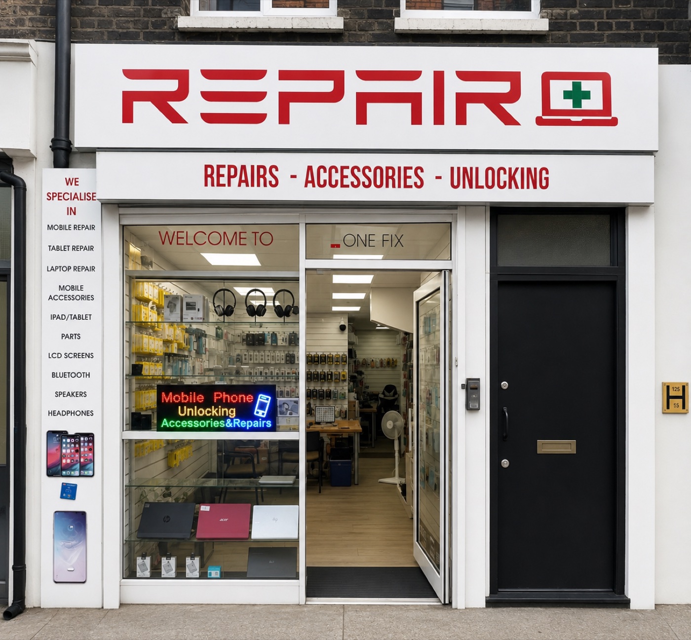 Repair Plus storefront, New Goulston Street, Aldgate